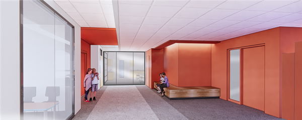 View down hallway looking towards flex classroom, image also shows color wayfinding 